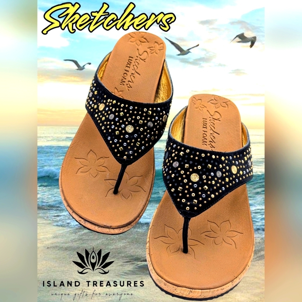 Sketchers Luxe Foam Rhinestone Wedge Sandals Black Gold Size 10